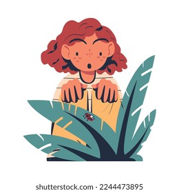 Surprised Redhead Woman Character Studying Nature Exploring Crawling on Grass Ladybug Vector Illustration