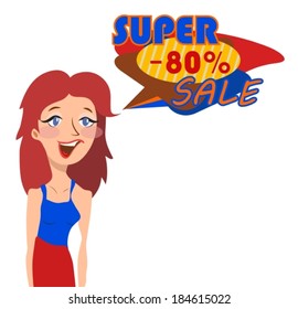Surprised Retro cartoon style Woman with super sale label, Beautiful Girl opening Mouth. VECTOR