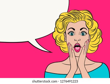 Surprised retro pop art woman. Empty speech bubble. Vector illustration in pop art style