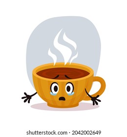 Surprised sad small yellow coffee cup. Hott winter drink in ceramic cup. Character for sticker and postcards
