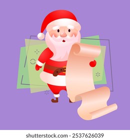 Surprised Santa Claus reading long list of Christmas presents. Character, wish, gift. Tradition concept. Can be used for topics like Christmas, New Year, celebration