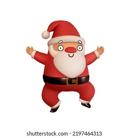 Surprised Santa Claus in red clothes is jumping. Realistic 3d character compatible doodle emoji elements on face. Isolated on white background for Xmas festive design. Vector illustration