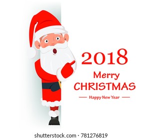 Surprised Santa Claus standing behind a sign and showing on placard with greetings. Funny cartoon character. Merry Christmas and Happy New Year vector illustration