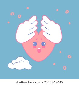 Un corazón de dibujos animados sorprendido o asustado con alas. Vector Imagen de un corazón rosa emocional sobre un fondo azul con nubes. Una Ilustración vectorial que expresa una sensación de miedo o sorpresa