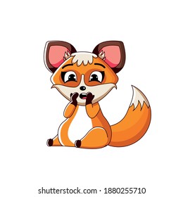 A surprised scared fox covers his mouth with paws.
