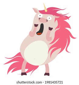 Surprised, scared, funny unicorn. Fairy and mythical animal isolated on white background. Funny and funny illustration. Shock and delight, emotions.