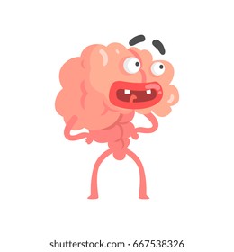 Surprised scared humanized cartoon brain character, intellect human organ vector Illustration