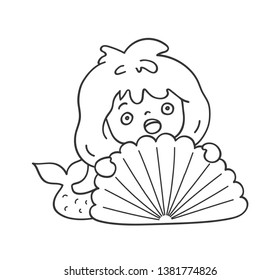 Surprised scared mermaid hiding behind a sea shell. Cute cartoon character for emoji, sticker, pin, patch, badge. Vector outline illustration.