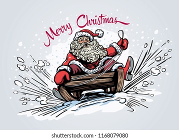 Surprised and scared Santa Claus, rides from the mountain on a sleigh.