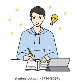 Surprised school boy having a great idea with light bulb