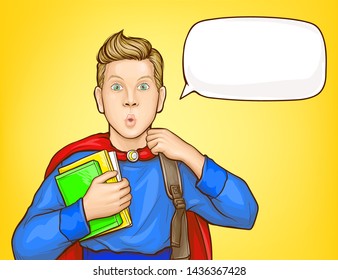 Surprised Schoolboy, Student In Super Hero Suit, With Backpack Over Shoulder, Holding Books, Looking With Amazement Popart Vector Illustration. School Supplies Sale, Educational Course Poster Template