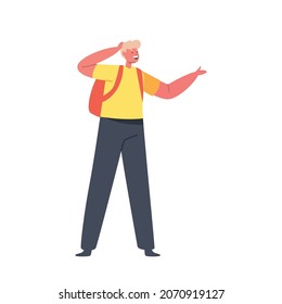 Überraschender Schulcharakter mit Rucksack in gelbem T-Shirt einzeln auf weißem Hintergrund. Blonde Schoolboy mit Rucksack hat Amazed Gesichtsausdruck, Bildungskonzept. Cartoon-Vektorgrafik
