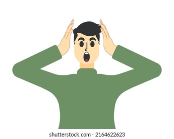 Surprised and screaming man holding hands to head. Human with confused thoughts, holding his head with both hands. Headache, migraine, problems, work stress, tired, suffer, emotions, oh no, millennia
