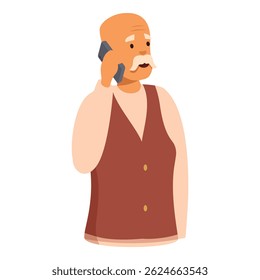 Sênior surpreso com bigode em colete falando ao telefone