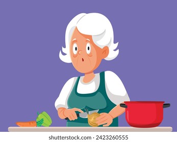 
Surprised Senior Woman Cutting an Onion for a Soup Vector Character. Cheerful grandma feeling tired cooking dinner 
