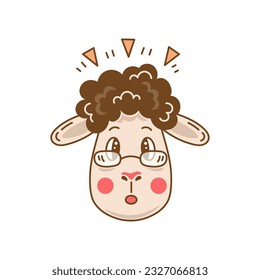 Surprised sheep portrait. Funny hand drawn cartoon lamb head with curly hair and glasses. Cute blushed ram, mutton. Childish animal vector illustration