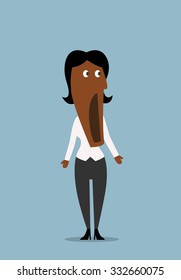 Surprised or shocked african american businesswoman with wide open eyes and mouth. Cartoon flat style 