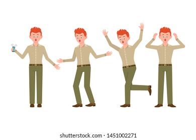 Surprised, shocked, amazed, under the pressure red hair young man in green pants vector illustration. Stressed, worry, nervous, scared boy cartoon character set
