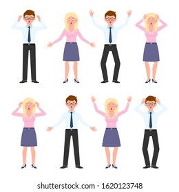 Surprised, shocked, amazed, under the pressure man and woman vector illustration. Stressed, worry, nervous, scared boy and girl cartoon character set