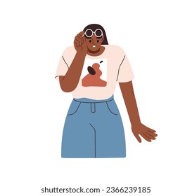 Surprised shocked amazed woman. Wondered confused person looking at something in amazement, startled with puzzled emotion, expression. Flat graphic vector illustration isolated on white background