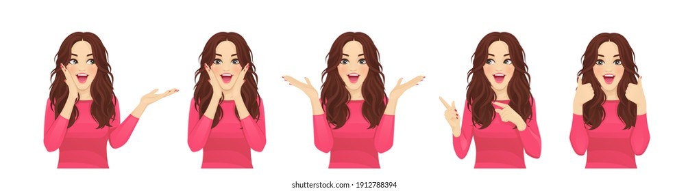 Surprised shocked beatiful woman with different gestures and open mouth isolated vector illustration