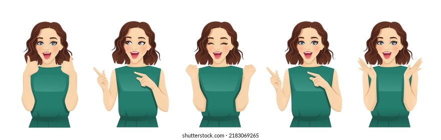 Surprised shocked beatiful woman with different gestures isolated vector illustration