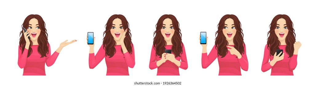 Surprised shocked beatiful woman with phone set isolated vector illustration