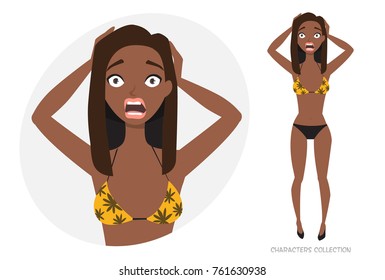 Surprised shocked black african american woman in a beach swimsuit