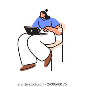 Surprised shocked business woman sitting with laptop computer on knees. Puzzled person in cahir, online freelance worker worrying about work. Flat vector illustration isolated on white background