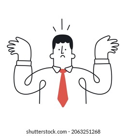 Surprised or shocked businessman spreading his arms. Concept of confusion, surprise, uncertainty in business. Outline, linear, thin line, doodle art. Simple style with editable stroke.