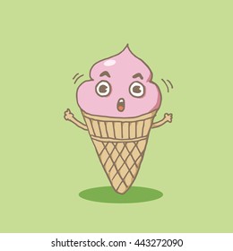 Surprised and shocked cute strawberry ice-cream cone character.