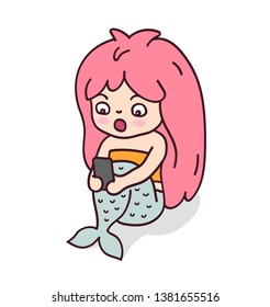 Surprised shocked little mermaid looking into the smartphone. Cute cartoon character for emoji, sticker, pin, patch, badge. Vector illustration.