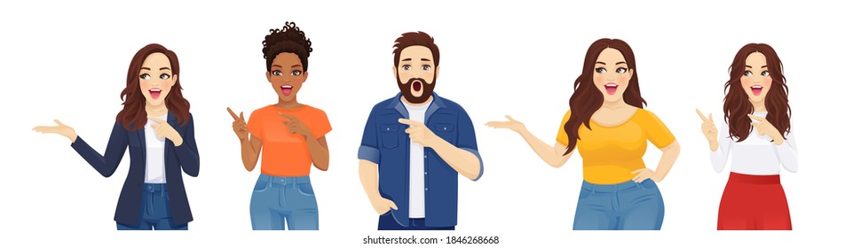 Surprised shocked men and women pointing away in casual style clothes set isolated vector illustration