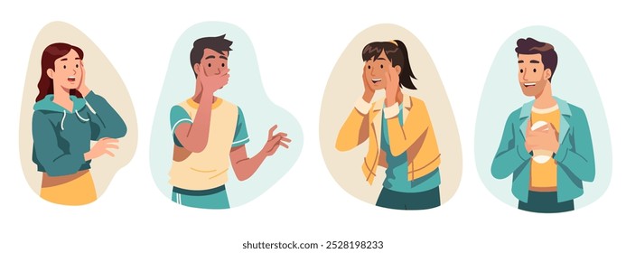 Surprised, shocked men, women portraits set. Positive excited persons with astonished facial expressions touch faces, covering open mouth with hand. Surprise emotion reaction flat vector illustration