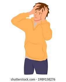Sorprendido, impactado o perplejo, hipster hombre con la mano en la cabeza, abre los ojos. Un tipo asombroso con chaqueta amarilla aislado en blanco. Hombre decepcionado, ilustración vectorial