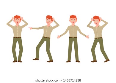 Surprised, shocked, scared, under the pressure red hair young man in green pants vector illustration. Stressed, worry, nervous boy cartoon character set