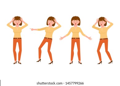 Surprised, shocked, scared, under the pressure brown hair young woman in orange pants vector illustration. Stressed, worry, nervous girl cartoon character set