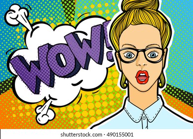 Surprised and shocked woman with open mouth in pop art comics style with WOW word bubble. WOW message in comic style.