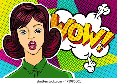 Surprised and shocked woman with open mouth in pop art comics style with WOW word bubble. WOW message in comic style.