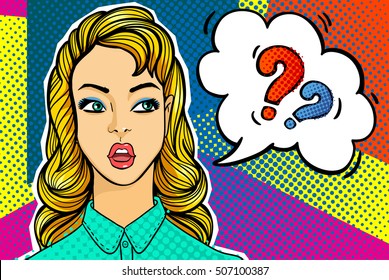 Surprised and shocked woman with open mouth in pop art comics style with question word bubble. Question sing in comic style.