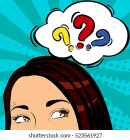 Surprised and shocked woman in pop art comics style with question word bubble. Question sing in comic style.