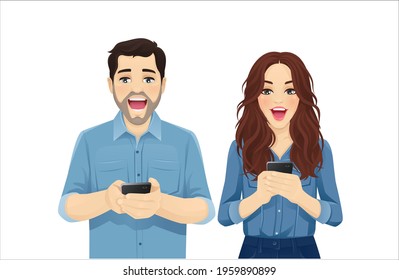 Surprised shocked young people in casual denim shirt with gadgets. Students use mobile phones vector illustration isolated