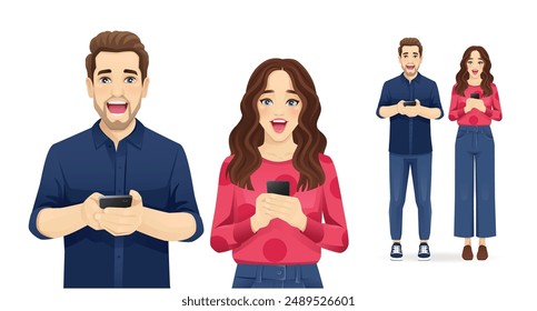 Surprised shocked young people in casual clothes with gadgets. Students use mobile phones vector illustration isolated