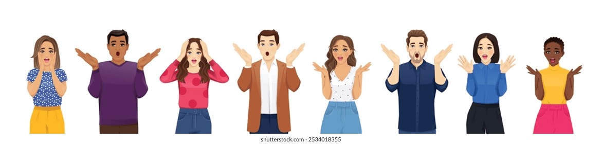 Surprised and shocked young people with different gestures and open mouth. Isolated vector illustration set