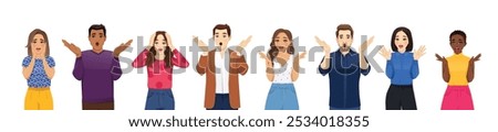 Surprised and shocked young people with different gestures and open mouth. Isolated vector illustration set