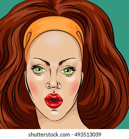Surprised shocked young woman's face close-up in the style of pop art comic book, vector illustration