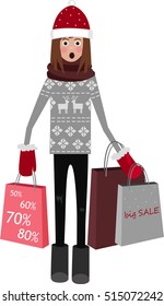Surprised shopper. The girl holds packages. Big Sale. Vector illustration of a flat design style with gifts. Girl with Santa hat.