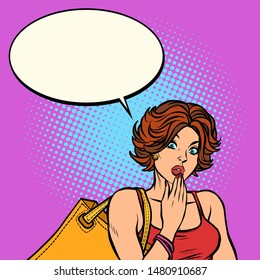 Surprised shopper red-haired woman. Pop art retro vector illustration drawing