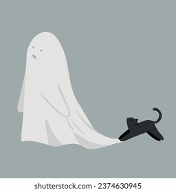 surprised silly cute scared creepy halloween ghost looking at black cat