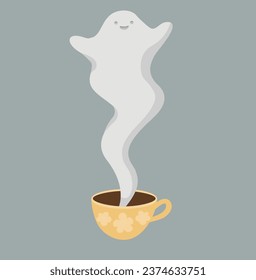 surprised silly cute scared creepy smiling kind joyful happy halloween ghost hovering over a cup of tea or coffee